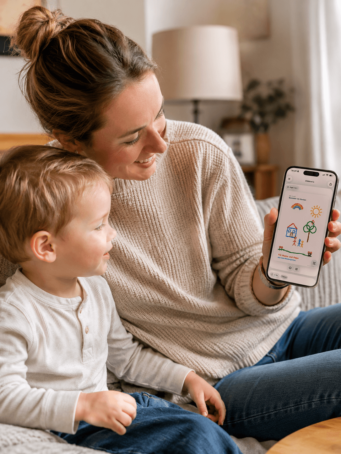 Parent and child looking at a scanned children’s drawing in Scan & Store on iPhone