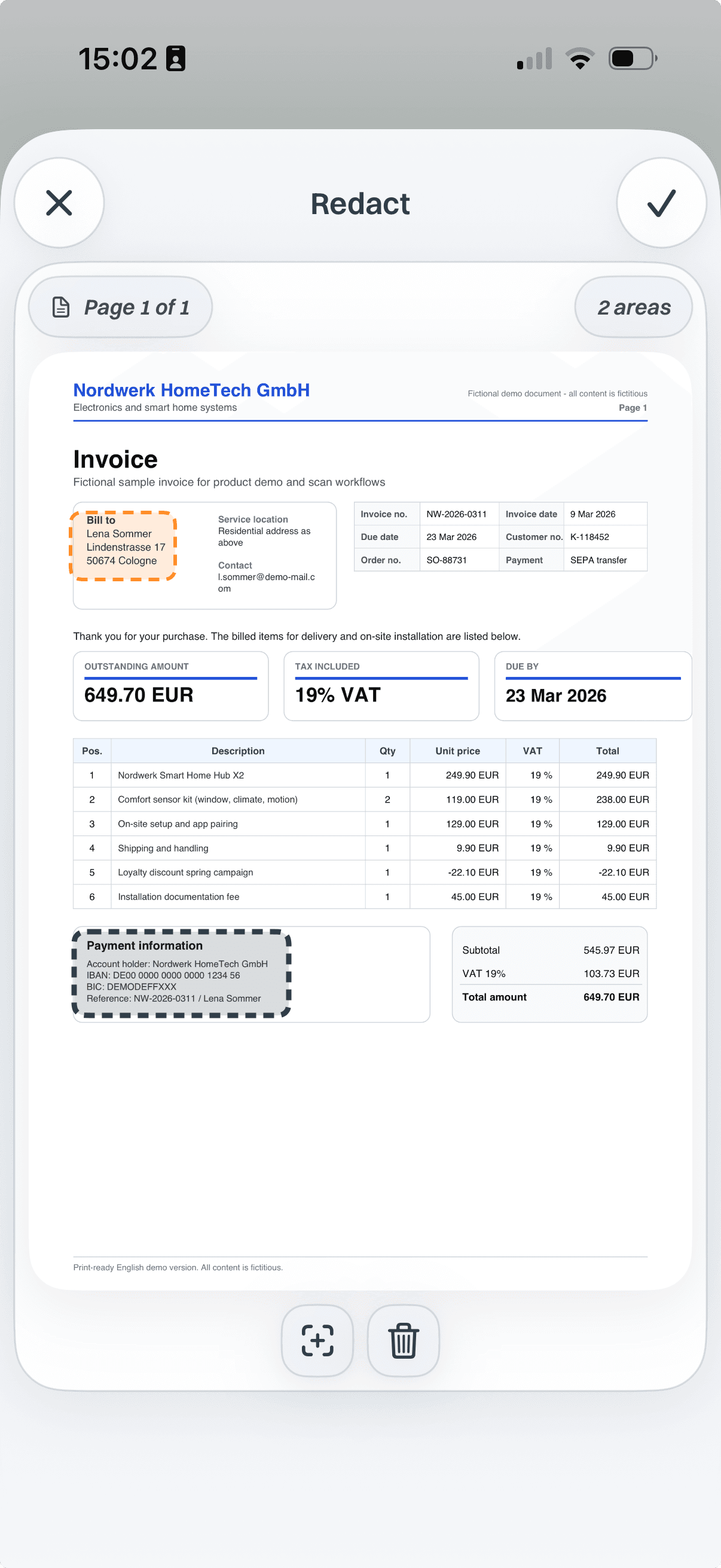 Scan & Store redaction editor with selected sensitive areas