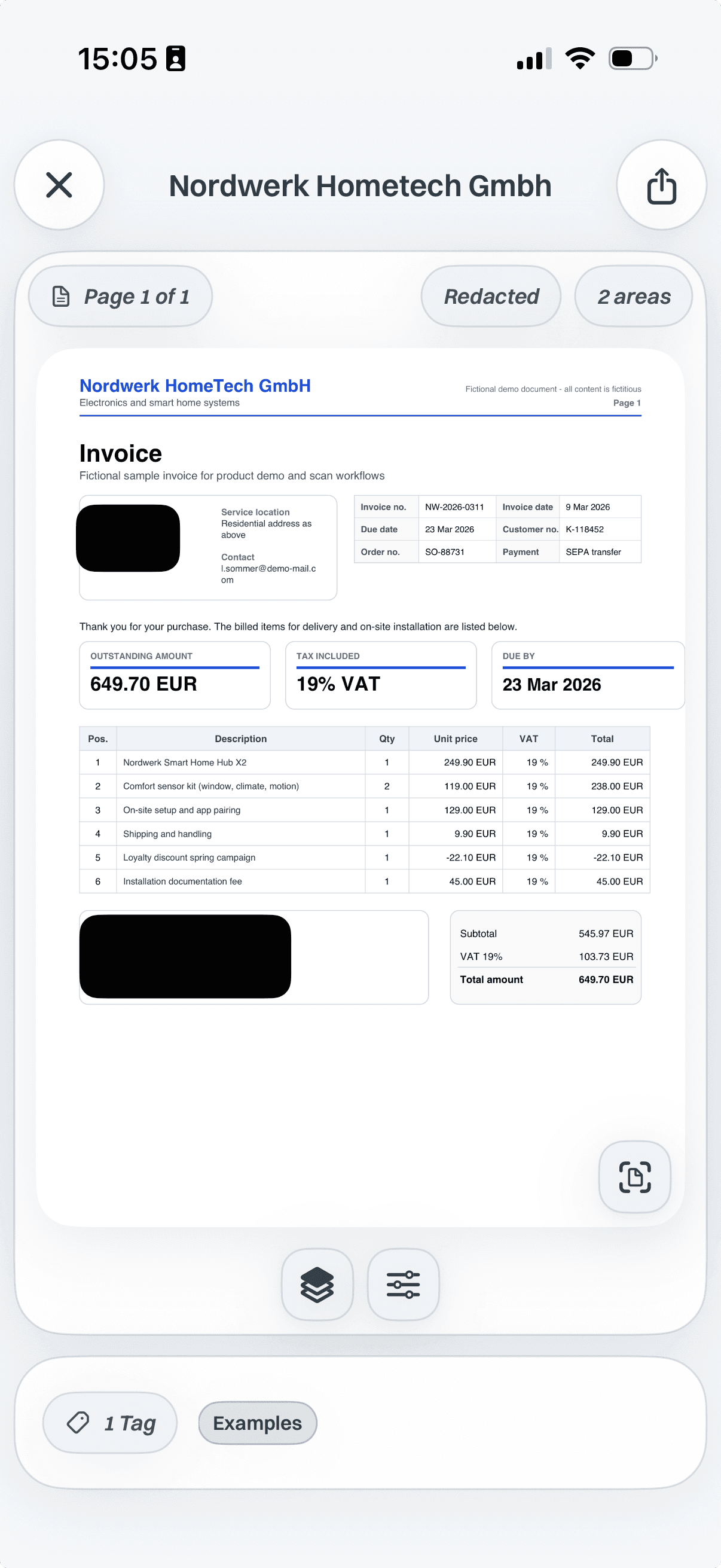 Scan & Store document preview with sensitive areas redacted